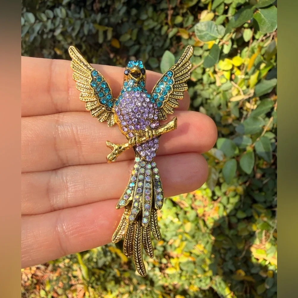 Gold-Tone Crystal Parrot Brooch - Purple & Teal